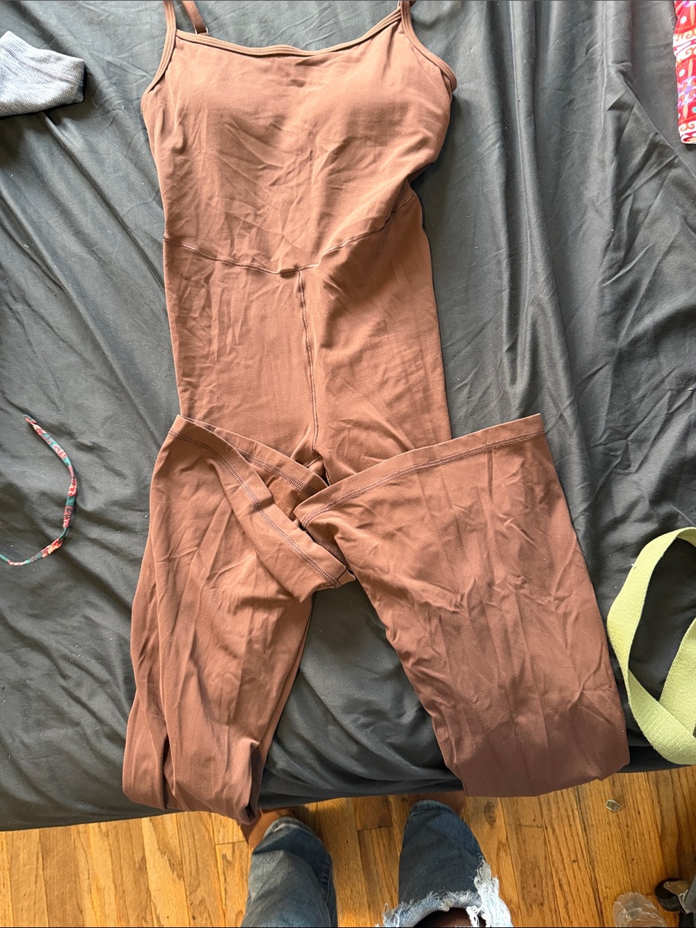 Women’s Brown Ribbed Jumpsuit with Spaghetti Straps wide leg